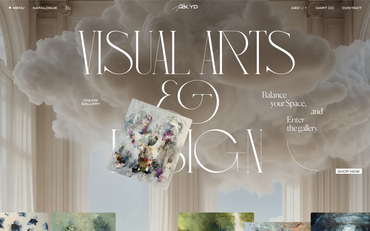 The Boyd homepage, Visual Arts and Design headline over sculpted clouds