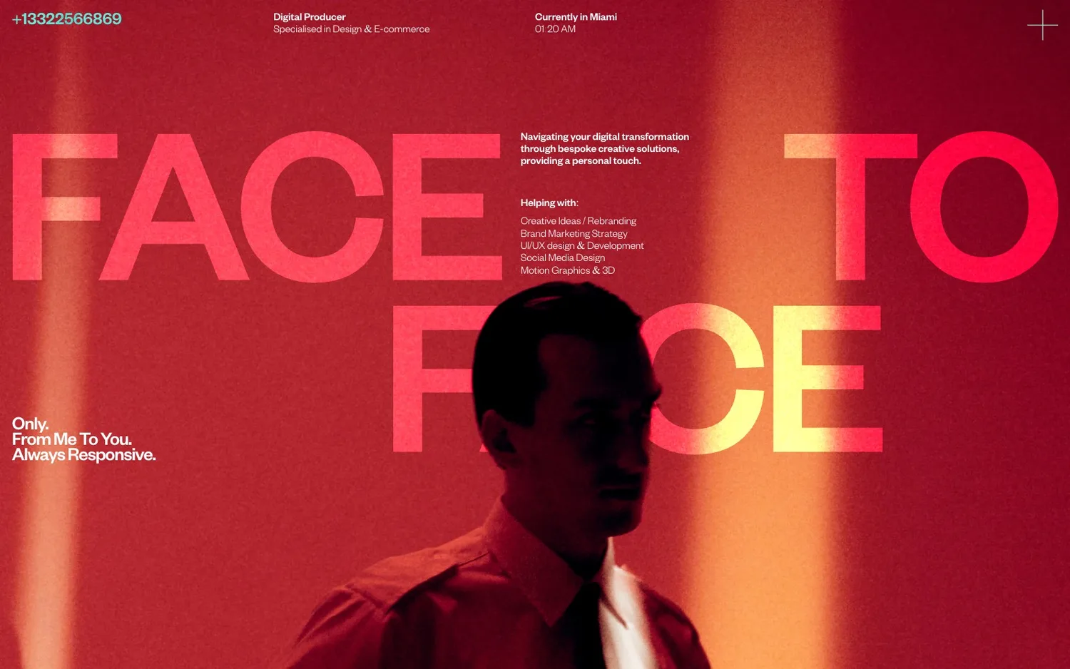 Face to Face, a red film-grain portfolio for a digital producer