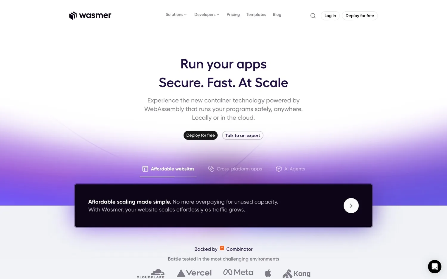 Wasmer homepage, run your apps secure, fast, at scale